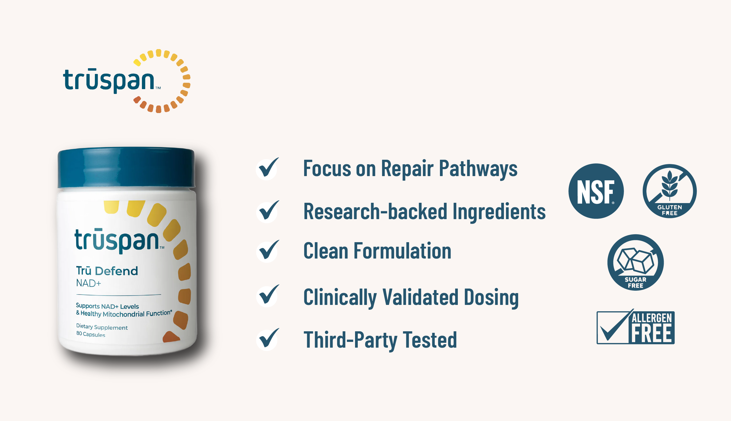Graphic showing what makes Trūspan supplements different including dosing details, quality, NSF certification, Gluten-free, sugar-free and more